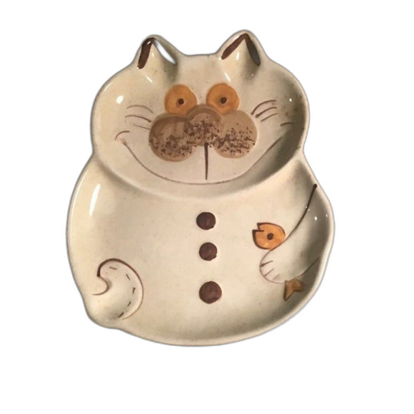 Vintage Cat with Goldfish Dish Ceramic Gold Tan Orange 6.5" X 7.75" X 1" - Picture 1 of 2